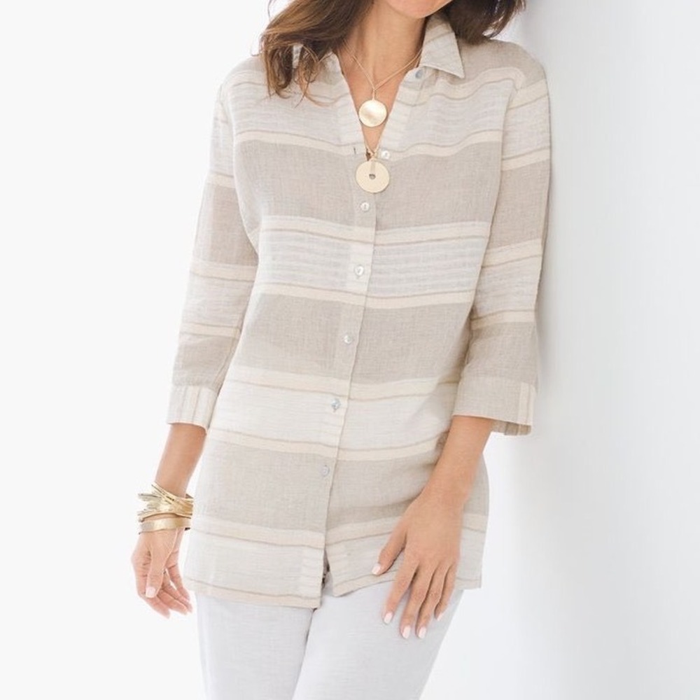 Chicos Linen Blend Neutral Striped Button Down Shirt 3/4 Sleeve Size 1 M d5